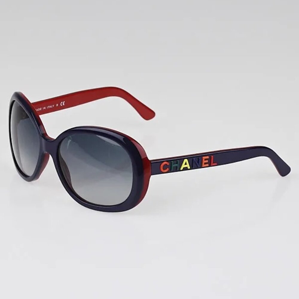 CHANEL Red & Navy Oversized Sunglasses with Multicolor Logo